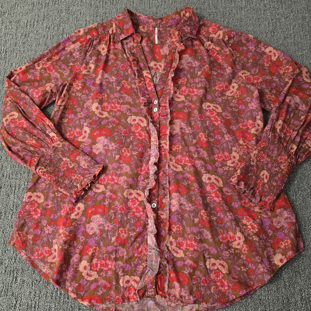 Free People Blouse Womens L Brown Floral Ruffle Smocked Cuff Boho Romantic